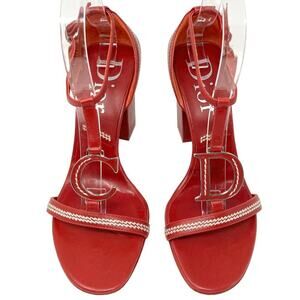 Dior 2005 Red Leather Logo Embroidered Block Heel Sandals- John Galliano Era